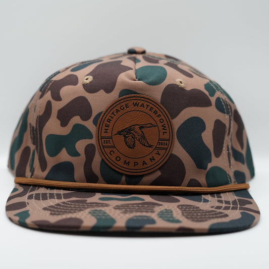 Old School Camo Leather Patch Rope Hat